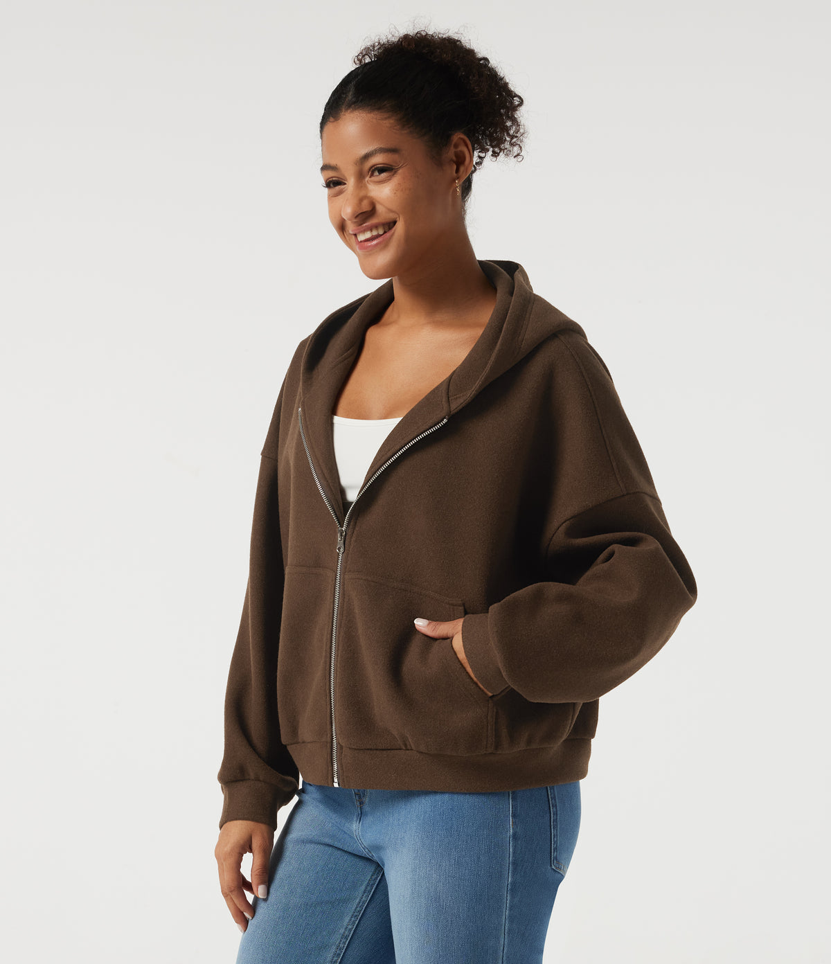 Hooded Long Sleeve Fleece Casual Coat with Pockets — Chestnut — view 3