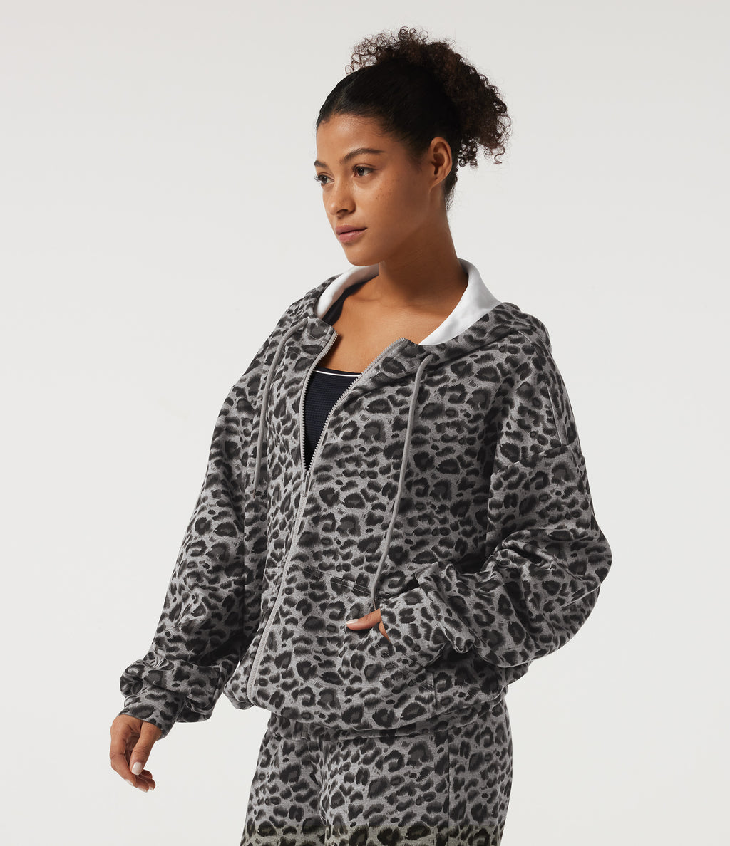 Hooded Long Sleeve Leopard Print Casual Sweatshirt with Pockets — Silver Leopard Print — view 3