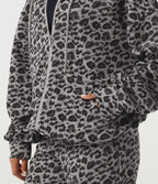 Hooded Long Sleeve Leopard Print Casual Sweatshirt with Pockets — Silver Leopard Print — view 7