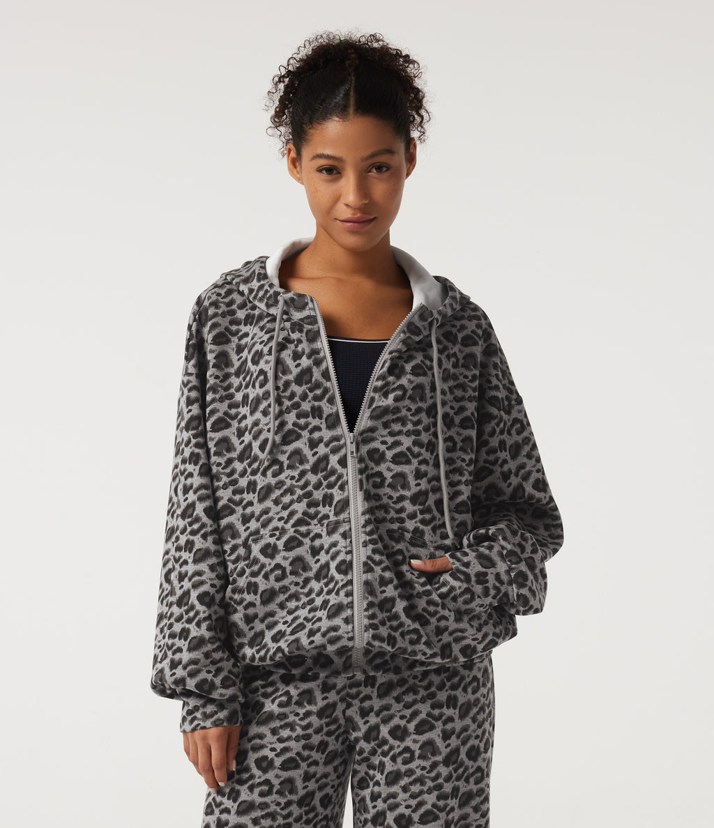 Hooded Long Sleeve Leopard Print Casual Sweatshirt with Pockets — Silver Leopard Print — view 1