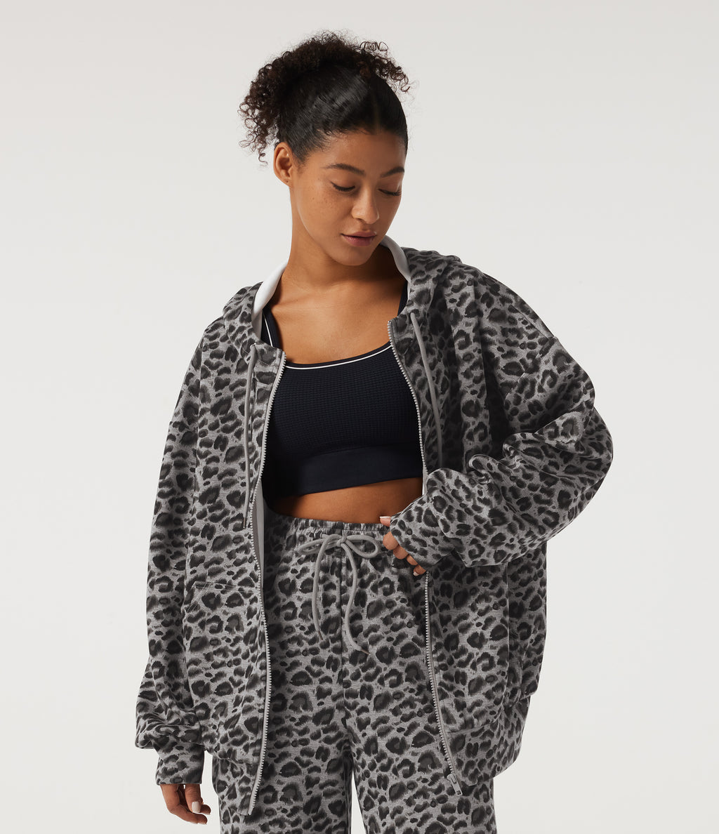 Hooded Long Sleeve Leopard Print Casual Sweatshirt with Pockets — Silver Leopard Print — view 4