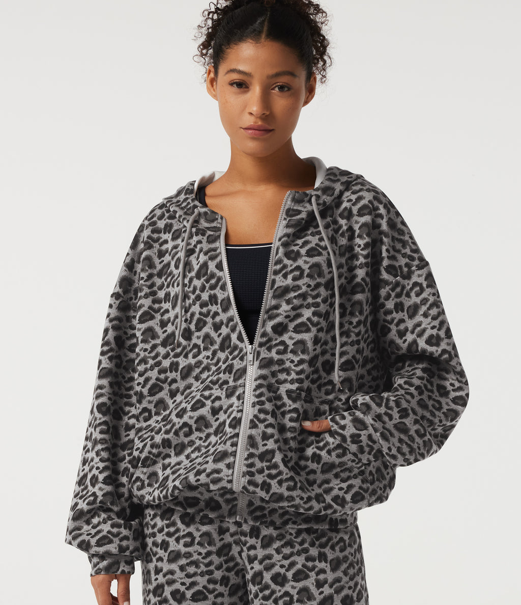 Hooded Long Sleeve Leopard Print Casual Sweatshirt with Pockets — Silver Leopard Print — view 5