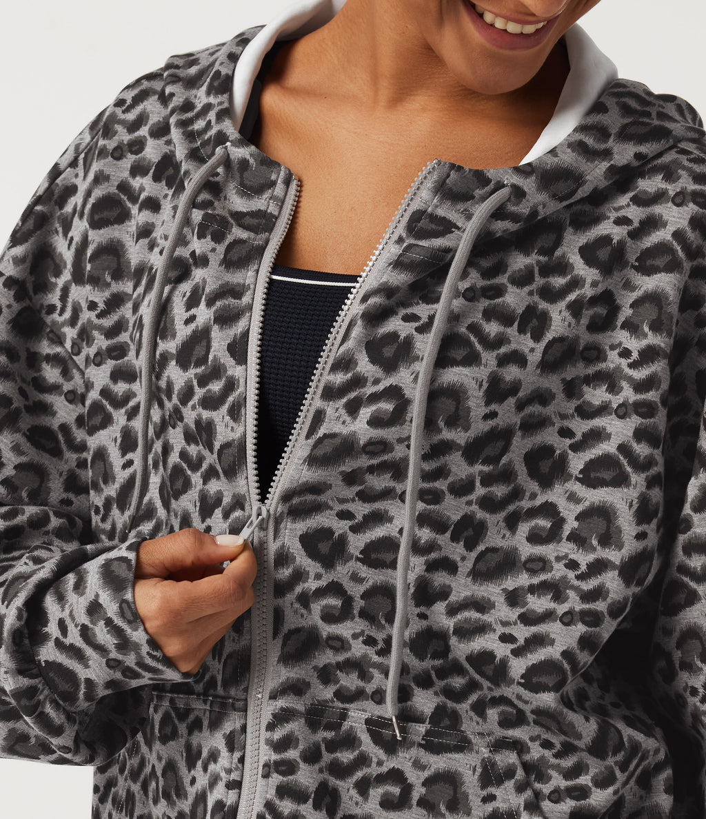 Hooded Long Sleeve Leopard Print Casual Sweatshirt with Pockets — Silver Leopard Print — view 6