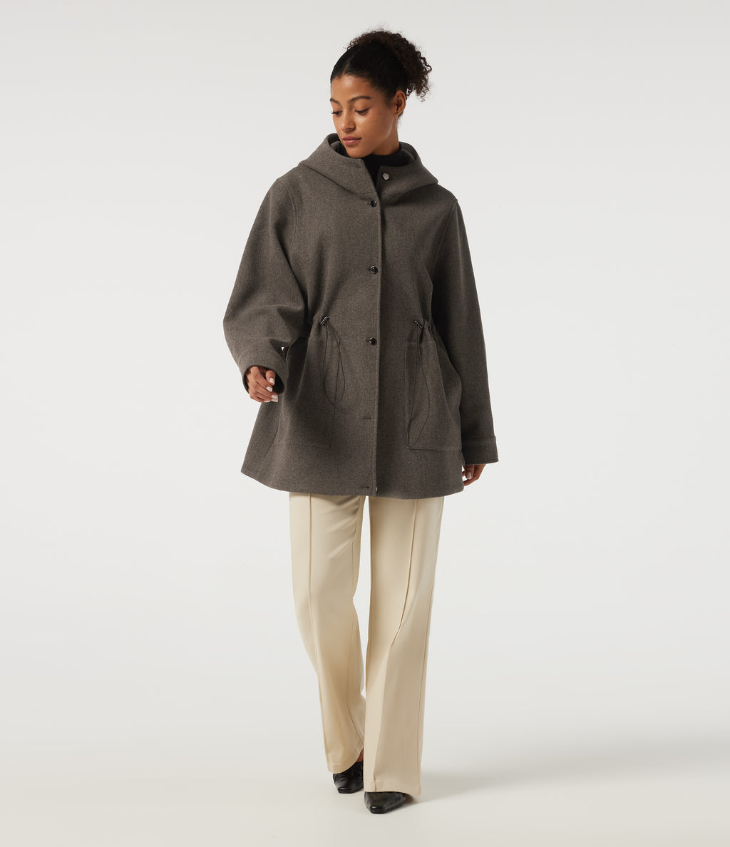 Hooded Long Sleeve Drawstring Fleece Longline Work Coat with Pockets — Major Brown — view 8