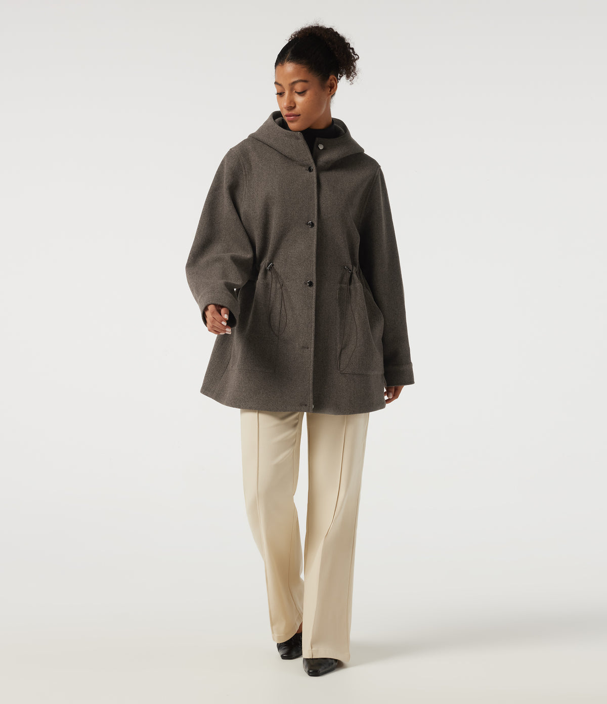 Hooded Long Sleeve Drawstring Fleece Longline Work Coat with Pockets — Major Brown — view 8