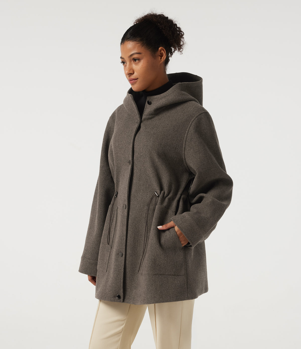 Hooded Long Sleeve Drawstring Fleece Longline Work Coat with Pockets — Major Brown — view 3
