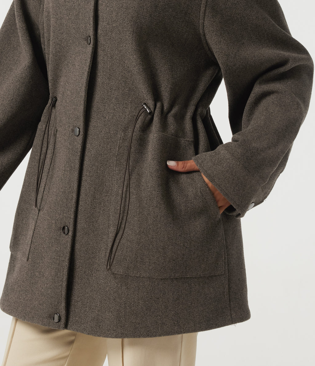Hooded Long Sleeve Drawstring Fleece Longline Work Coat with Pockets — Major Brown — view 6