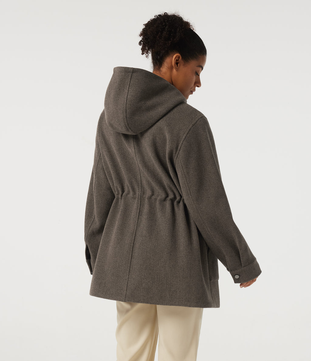 Hooded Long Sleeve Drawstring Fleece Longline Work Coat with Pockets — Major Brown — view 2