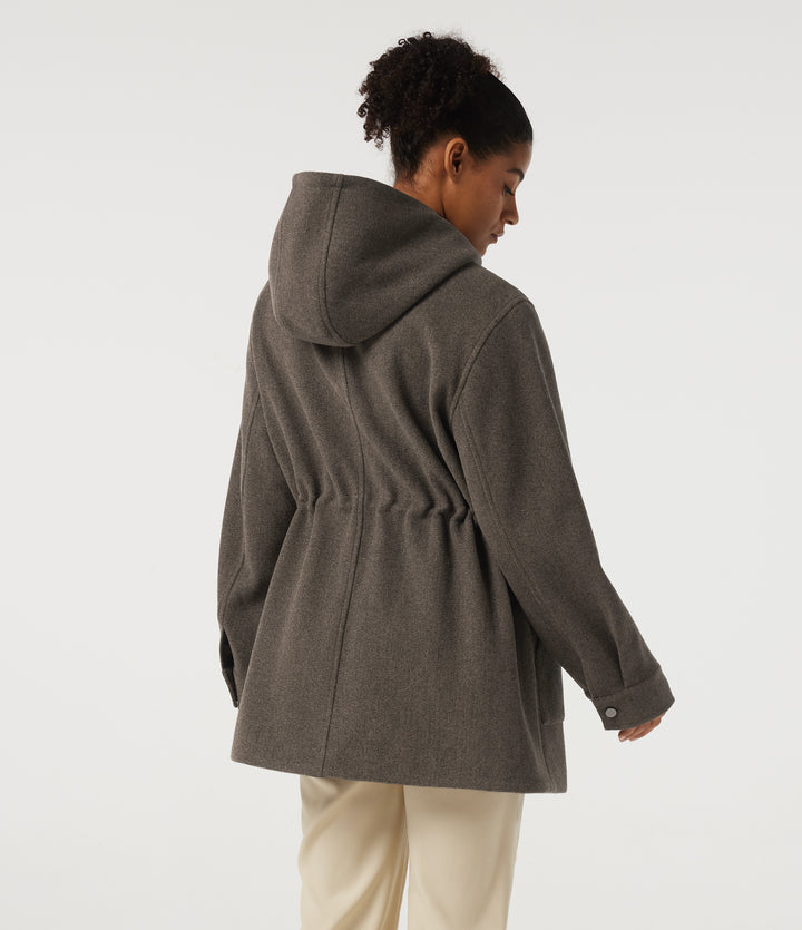 Hooded Long Sleeve Drawstring Fleece Longline Work Coat with Pockets — Major Brown — view 2