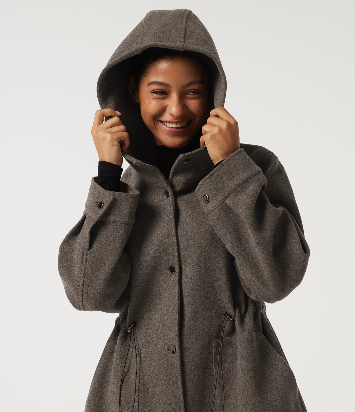 Hooded Long Sleeve Drawstring Fleece Longline Work Coat with Pockets — Major Brown — view 5