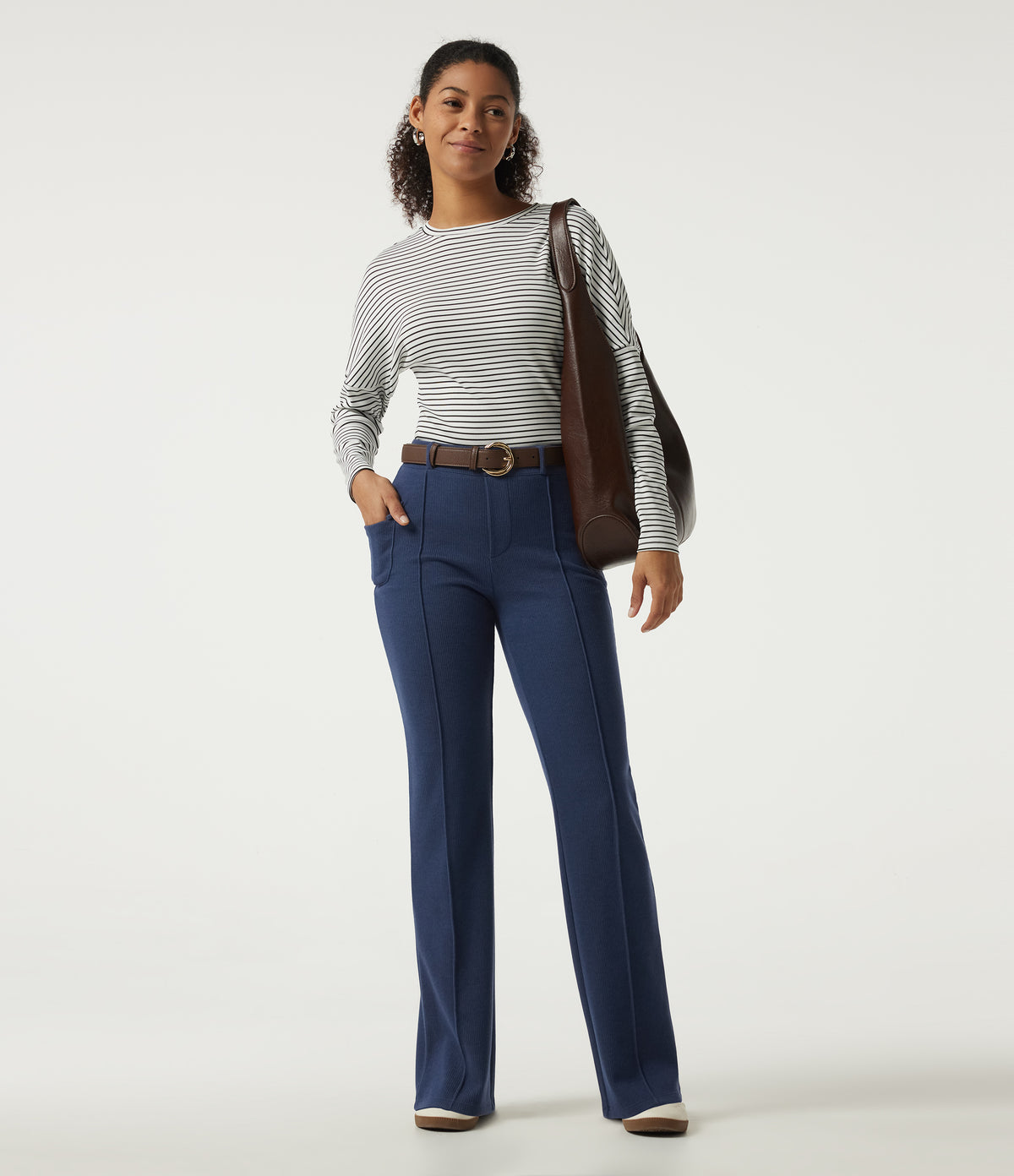 Ribbed Knit Mid Rise Straight Leg Pintuck Casual Trousers with Pockets — Mood Indigo — view 7