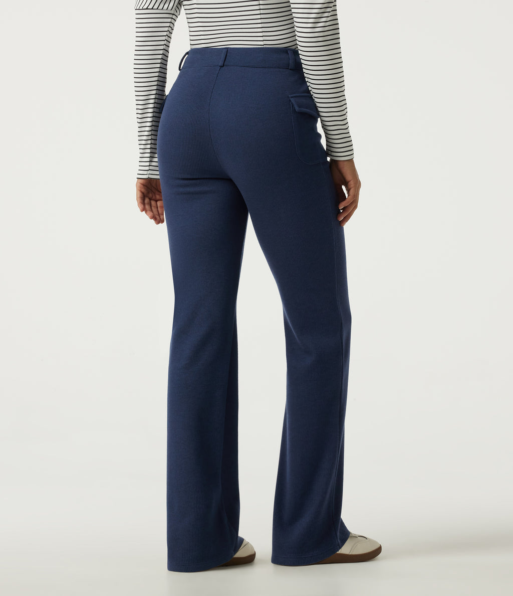 Ribbed Knit Mid Rise Straight Leg Pintuck Casual Trousers with Pockets — Mood Indigo — view 2
