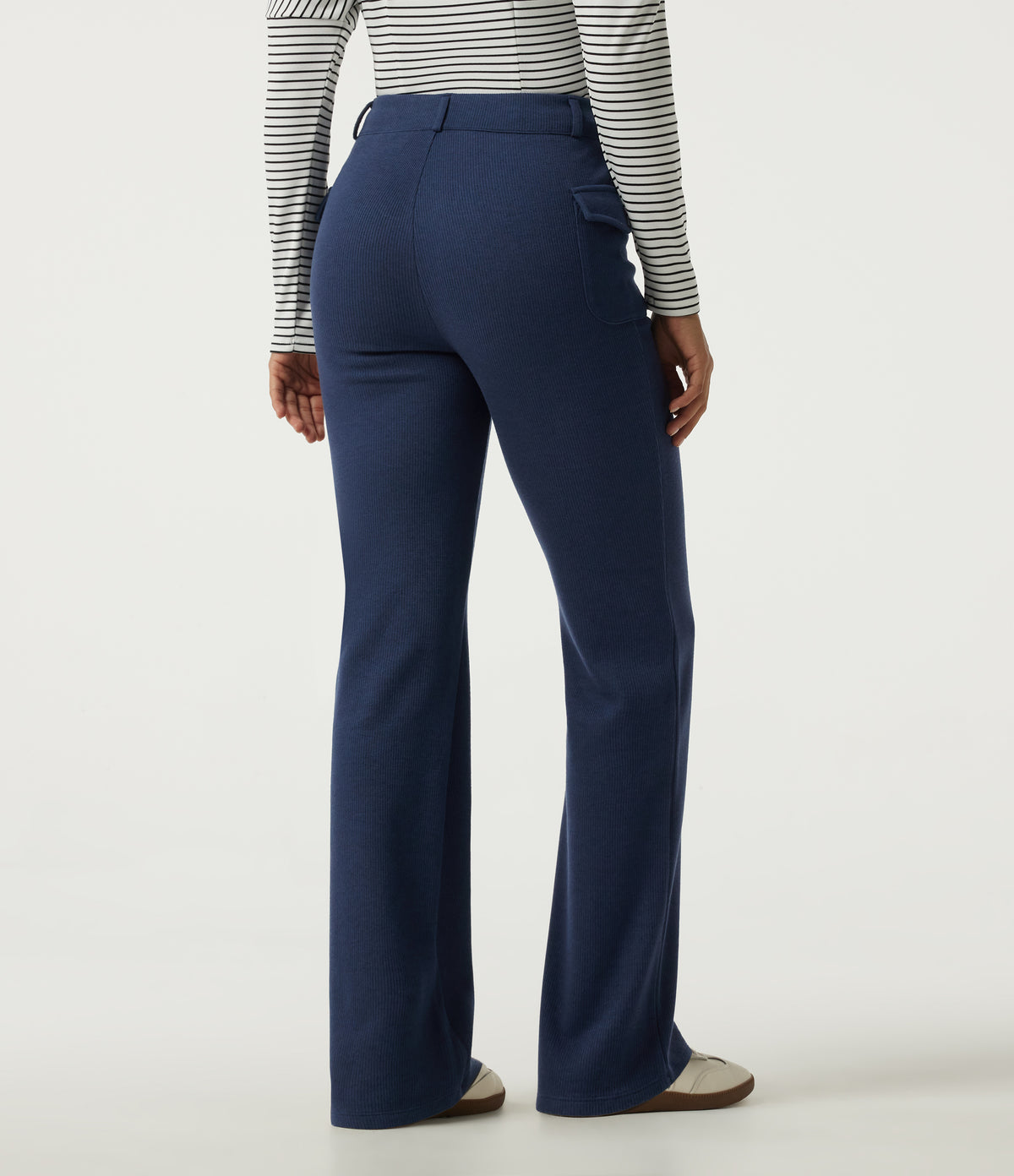 Ribbed Knit Mid Rise Straight Leg Pintuck Casual Trousers with Pockets — Mood Indigo — view 2