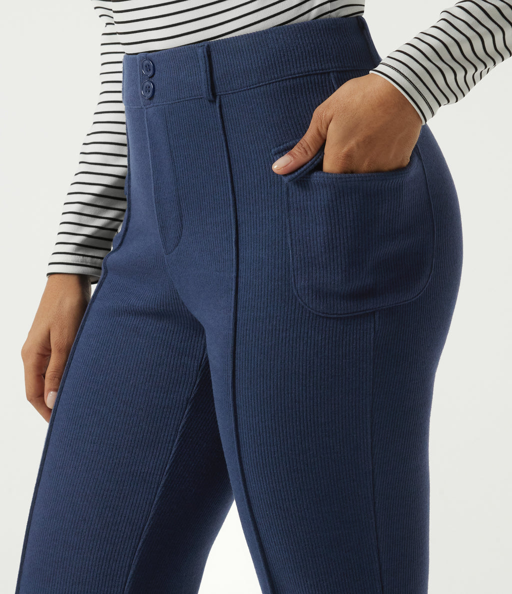 Ribbed Knit Mid Rise Straight Leg Pintuck Casual Trousers with Pockets — Mood Indigo — view 6