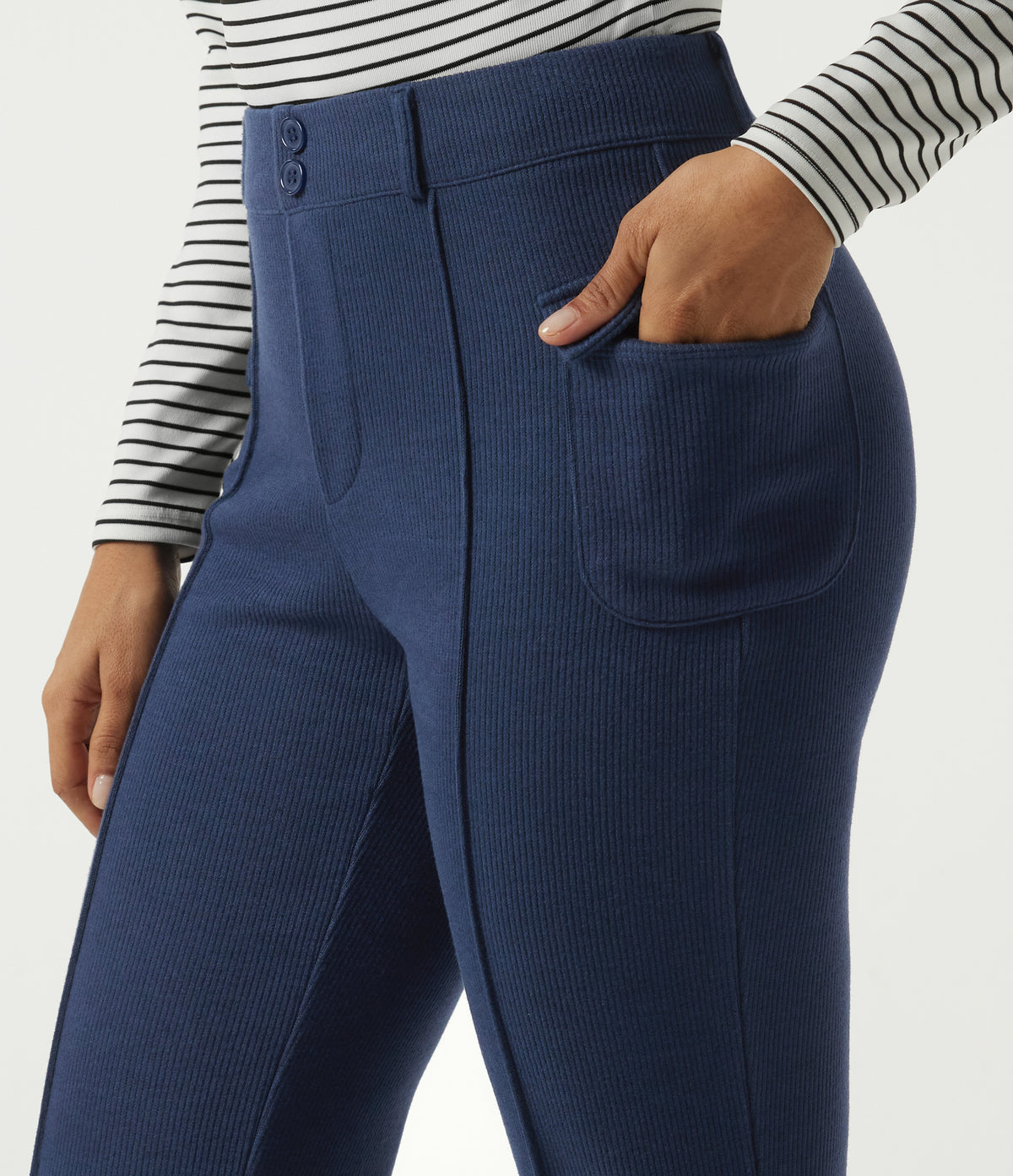 Ribbed Knit Mid Rise Straight Leg Pintuck Casual Trousers with Pockets — Mood Indigo — view 6