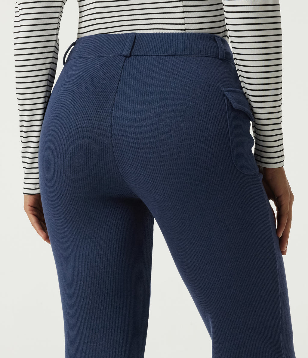 Ribbed Knit Mid Rise Straight Leg Pintuck Casual Trousers with Pockets — Mood Indigo — view 5