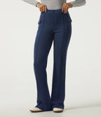 Ribbed Knit Mid Rise Straight Leg Pintuck Casual Trousers with Pockets — Mood Indigo — view 1