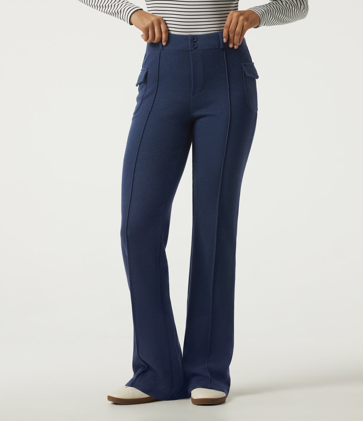 Ribbed Knit Mid Rise Straight Leg Pintuck Casual Trousers with Pockets — Mood Indigo — view 1
