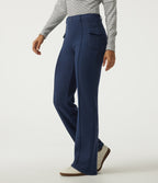 Ribbed Knit Mid Rise Straight Leg Pintuck Casual Trousers with Pockets — Mood Indigo — view 3