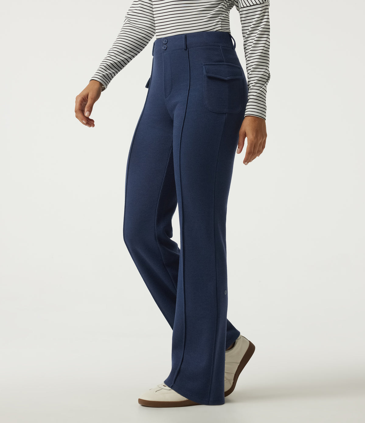 Ribbed Knit Mid Rise Straight Leg Pintuck Casual Trousers with Pockets — Mood Indigo — view 3
