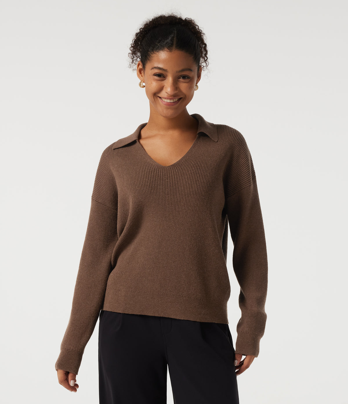 V Neck Drop Shoulder Long Sleeve Work Jumper — Pecan Pie — view 1