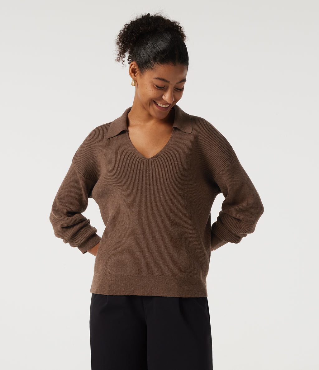 V Neck Drop Shoulder Long Sleeve Work Jumper — Pecan Pie — view 4