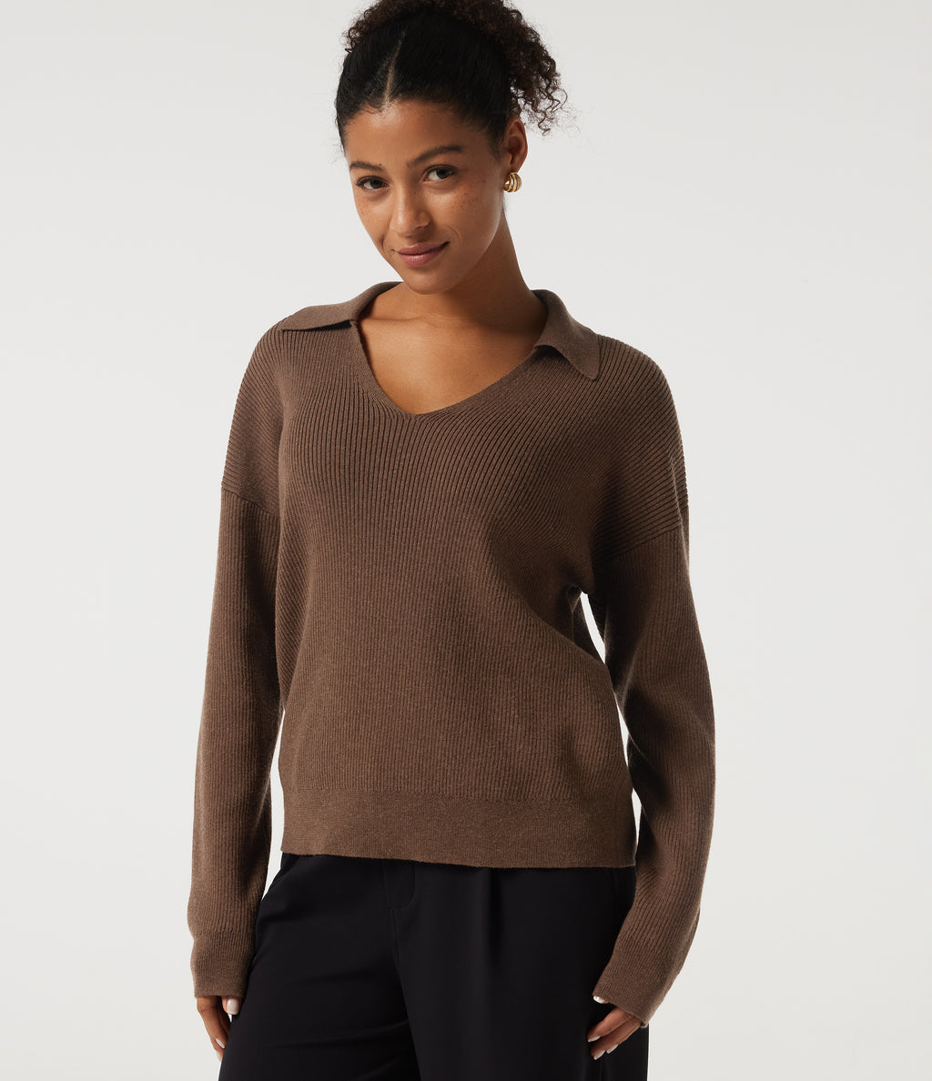 V Neck Drop Shoulder Long Sleeve Work Jumper — Pecan Pie — view 5