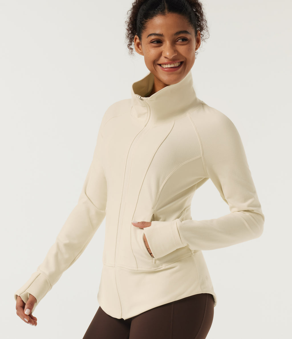 Stand Collar Long Sleeve Yoga Track Jacket with Pockets — White Asparagus — view 4