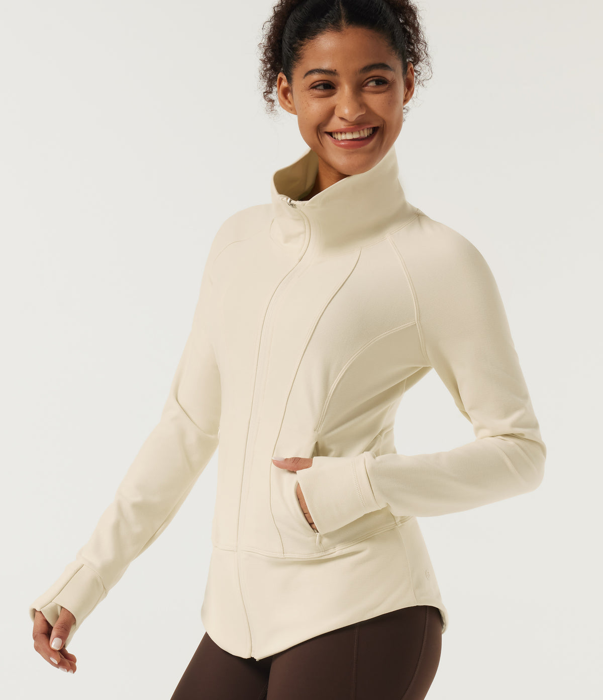 Stand Collar Long Sleeve Yoga Track Jacket with Pockets — White Asparagus — view 4