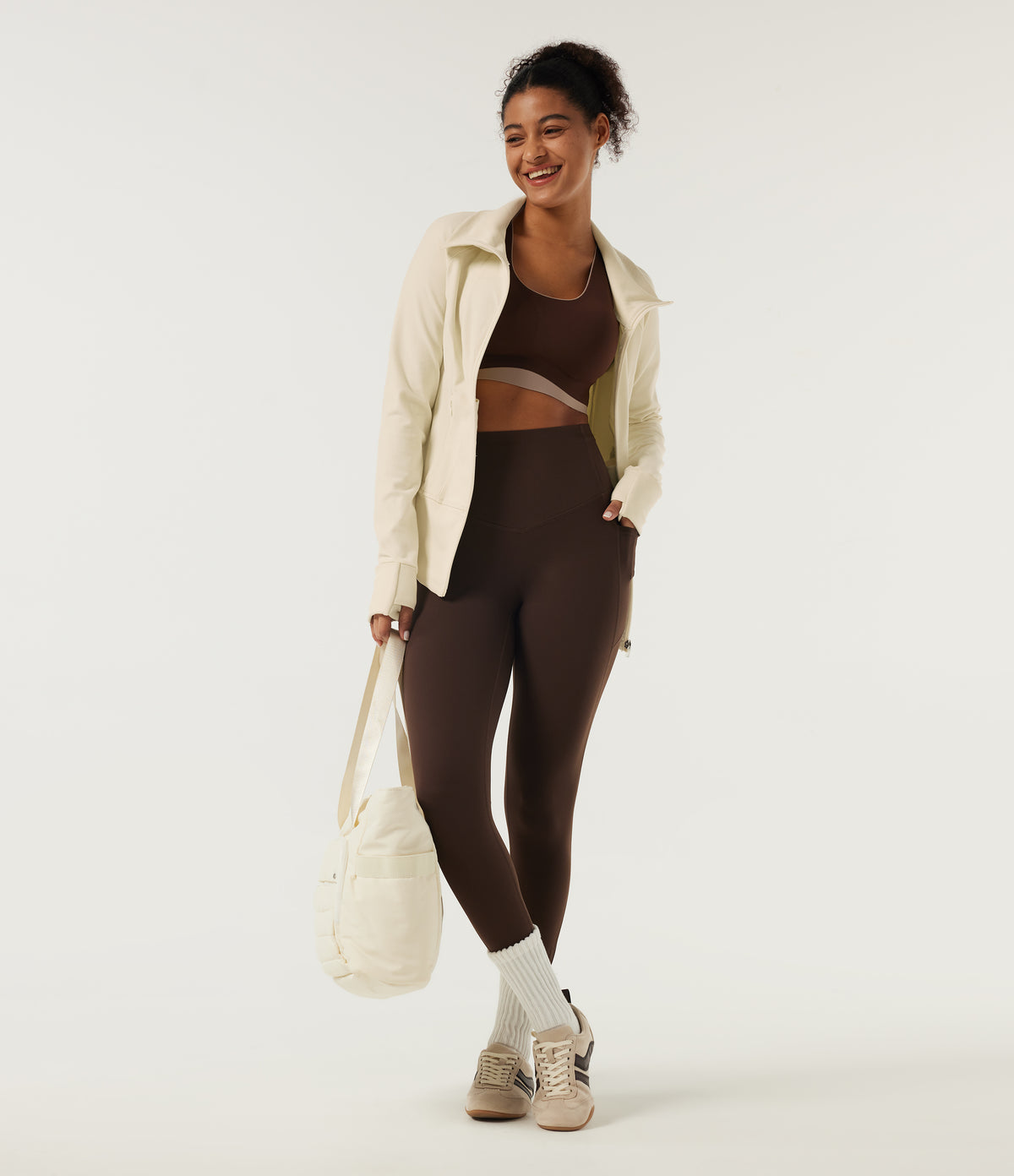 Stand Collar Long Sleeve Yoga Track Jacket with Pockets — White Asparagus — view 7