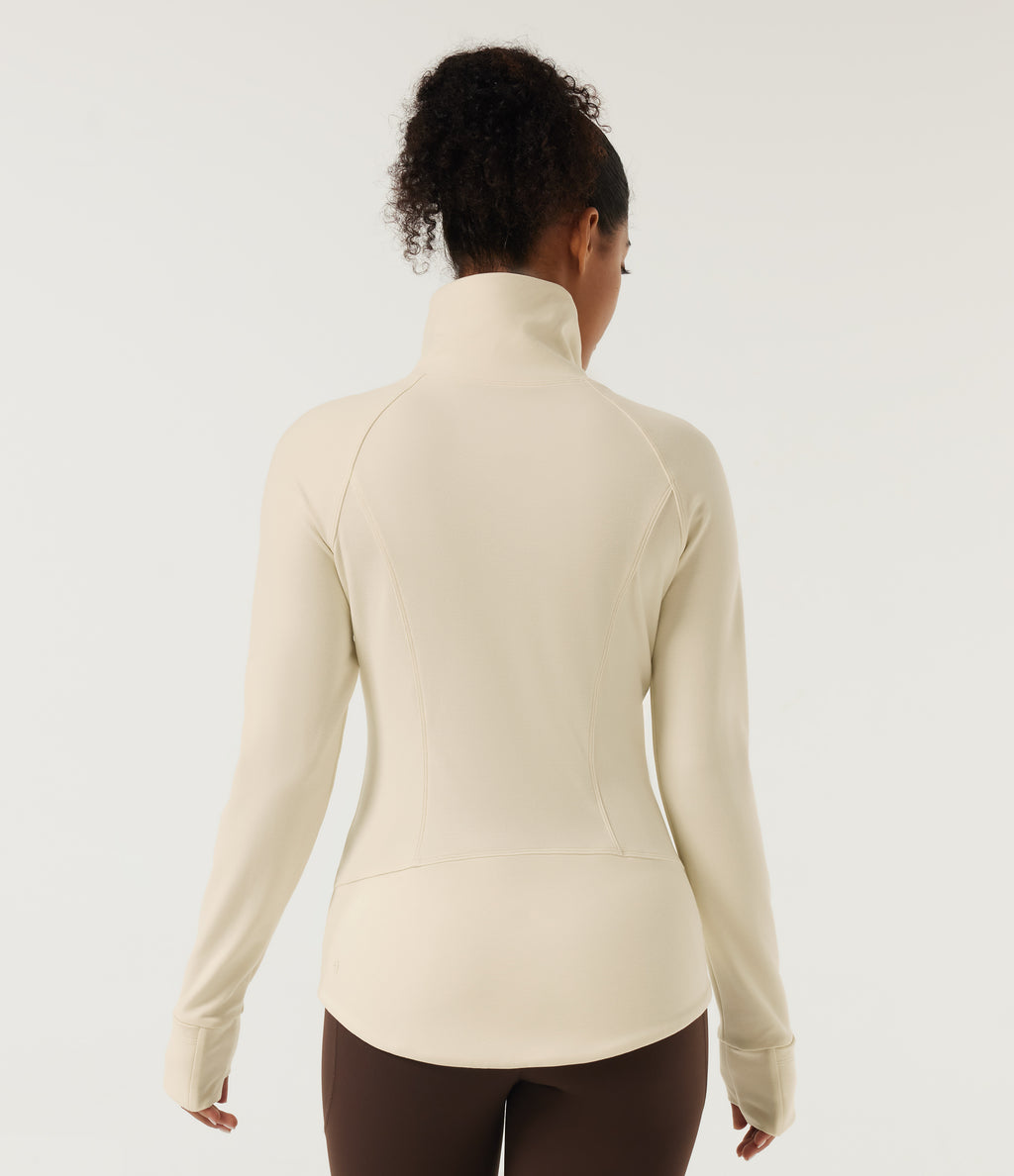 Stand Collar Long Sleeve Yoga Track Jacket with Pockets — White Asparagus — view 2