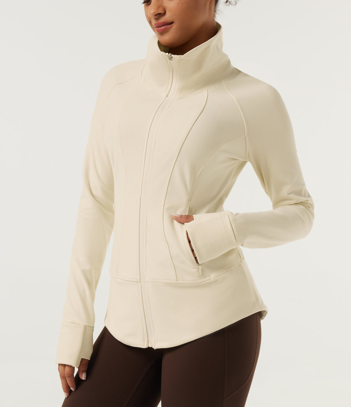 Stand Collar Long Sleeve Yoga Track Jacket with Pockets — White Asparagus — view 5
