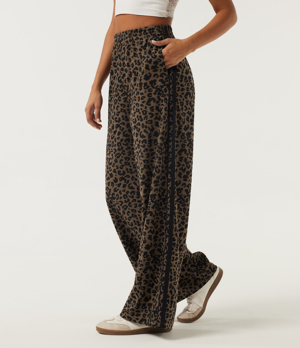 High Waisted Leopard Print Baggy Corduroy Casual Trousers with Pockets — Wildmark — view 3