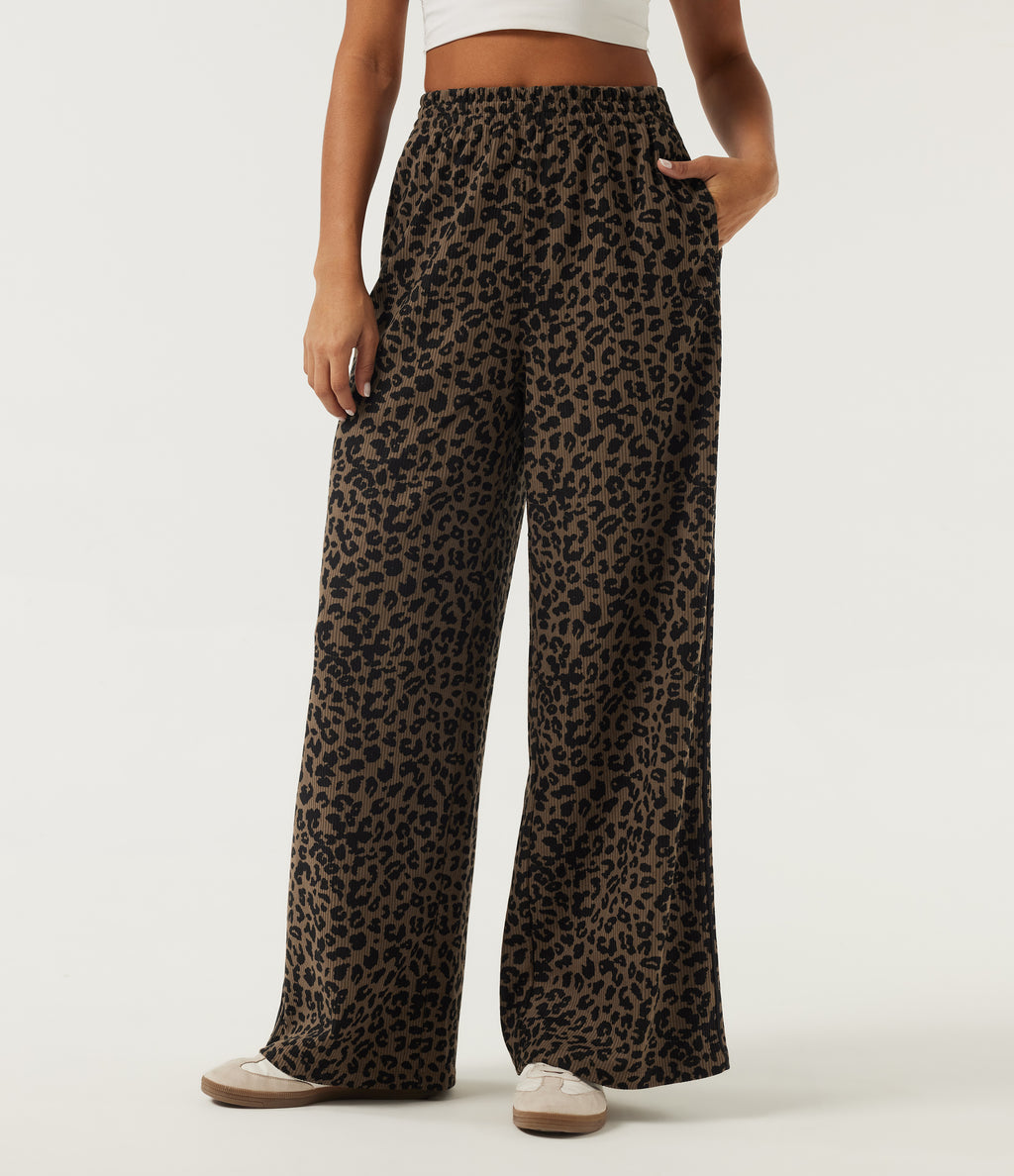 High Waisted Leopard Print Baggy Corduroy Casual Trousers with Pockets — Wildmark — view 1