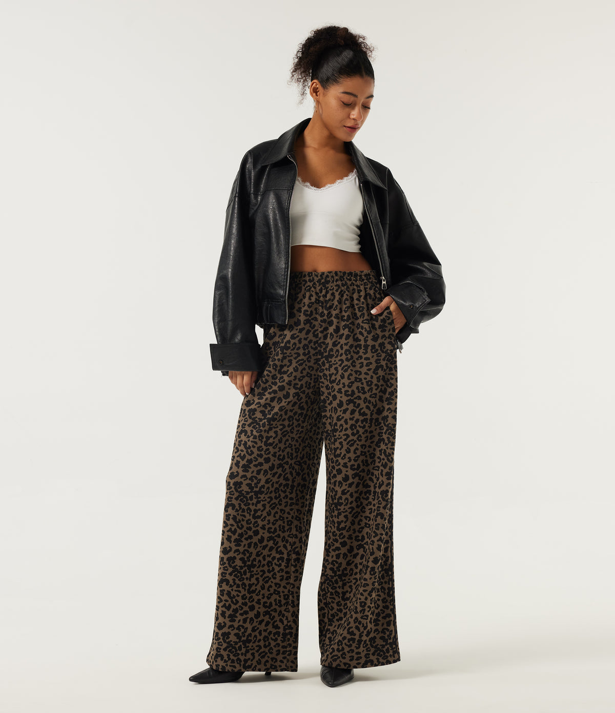 High Waisted Leopard Print Baggy Corduroy Casual Trousers with Pockets — Wildmark — view 6