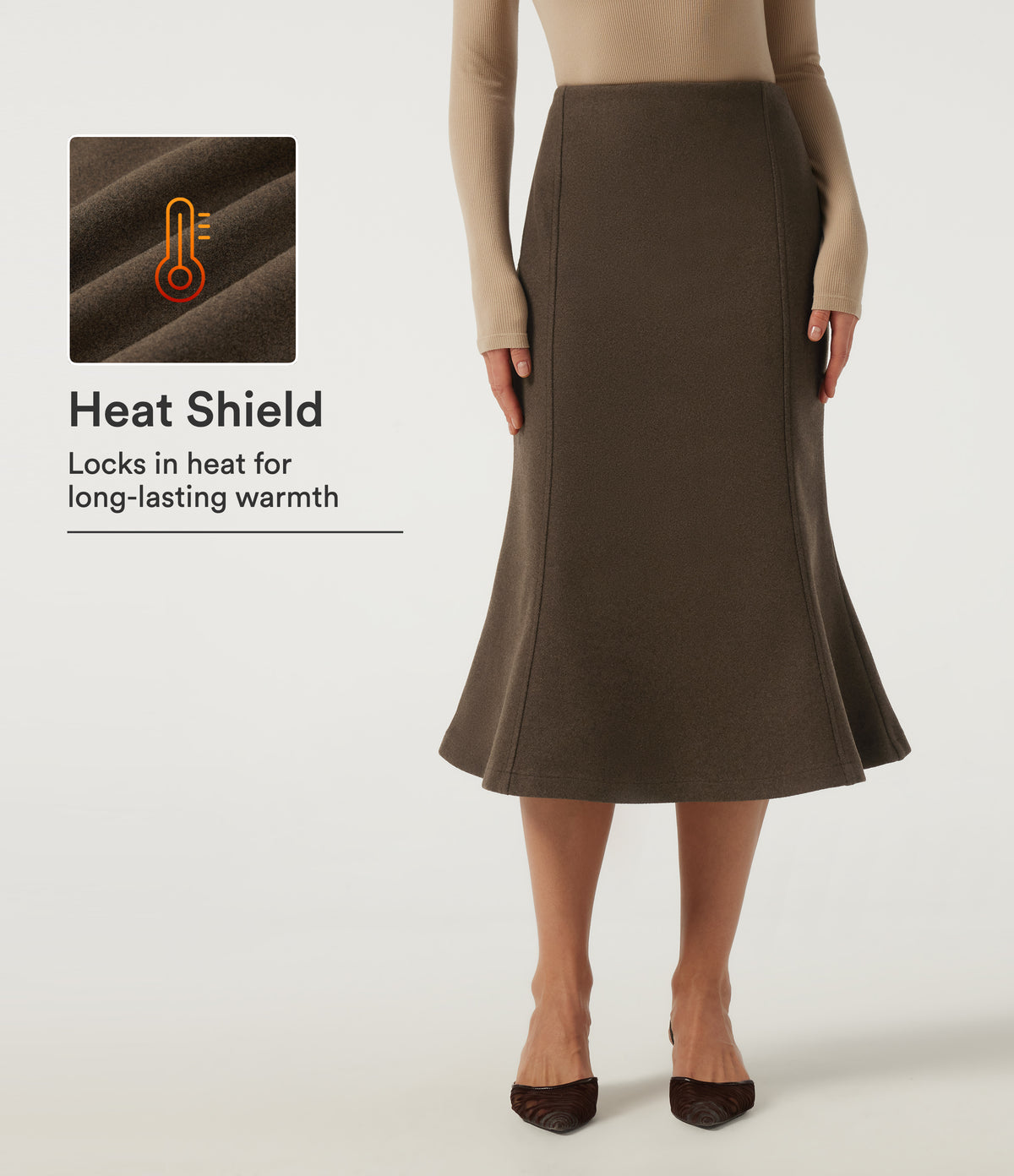 High Waisted Fleece Work Midi Mermaid Skirt — Camphor Wood Brown — view 1