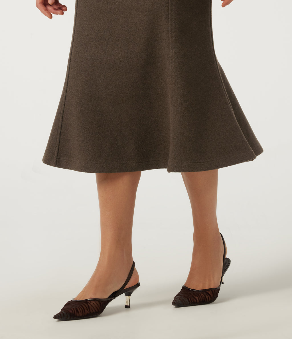 High Waisted Fleece Work Midi Mermaid Skirt — Camphor Wood Brown — view 6