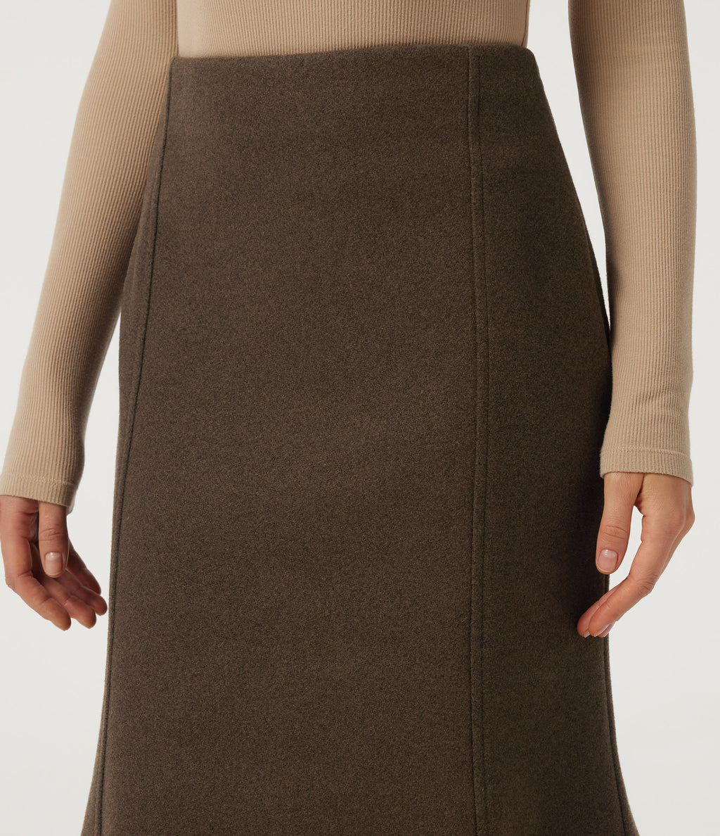 High Waisted Fleece Work Midi Mermaid Skirt — Camphor Wood Brown — view 4