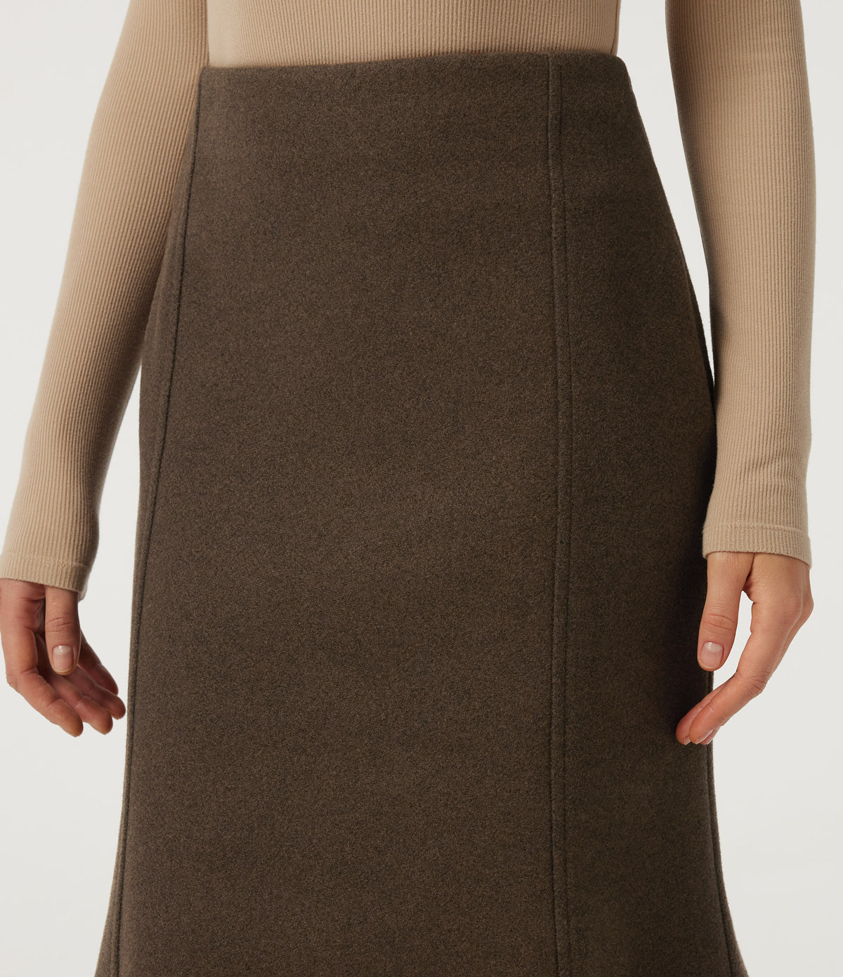 High Waisted Fleece Work Midi Mermaid Skirt — Camphor Wood Brown — view 4