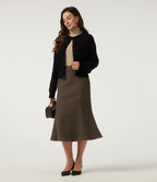 High Waisted Fleece Work Midi Mermaid Skirt — Camphor Wood Brown — view 7
