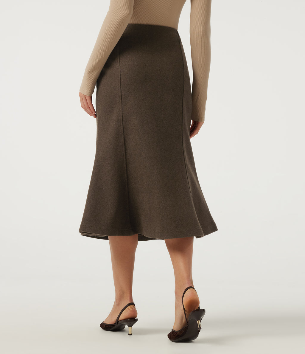 High Waisted Fleece Work Midi Mermaid Skirt — Camphor Wood Brown — view 2