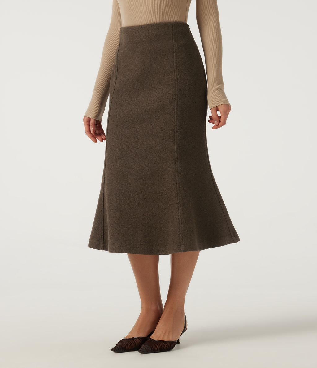 High Waisted Fleece Work Midi Mermaid Skirt — Camphor Wood Brown — view 3