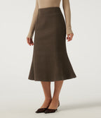 High Waisted Fleece Work Midi Mermaid Skirt — Camphor Wood Brown — view 3