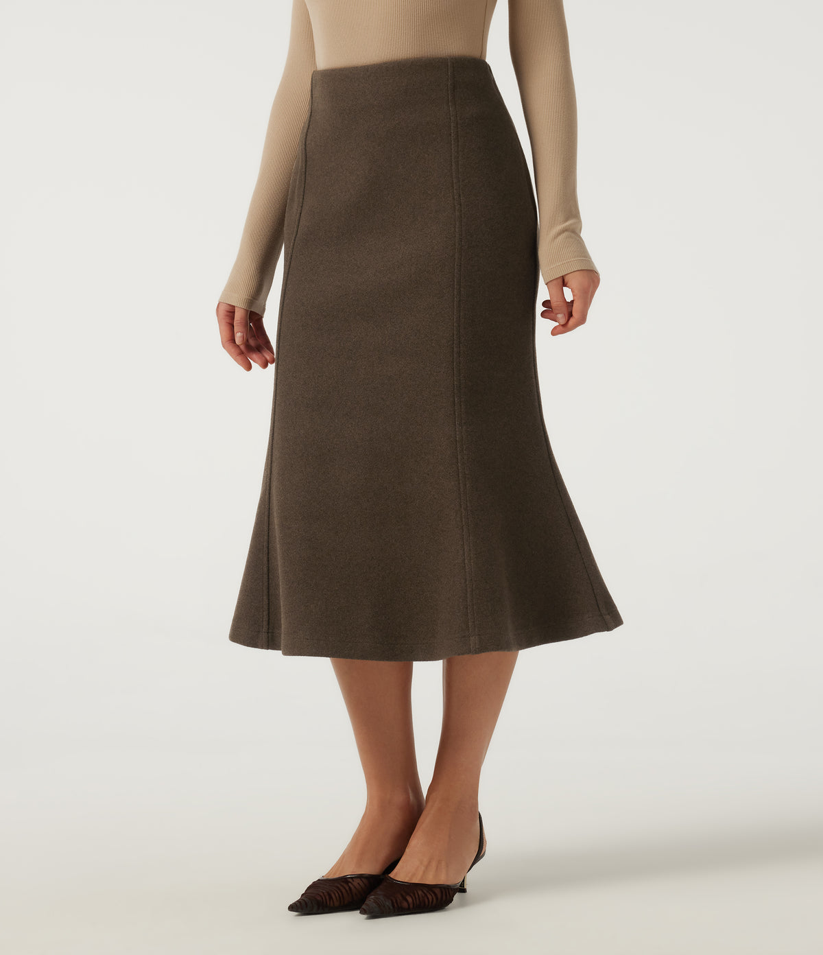 High Waisted Fleece Work Midi Mermaid Skirt — Camphor Wood Brown — view 3
