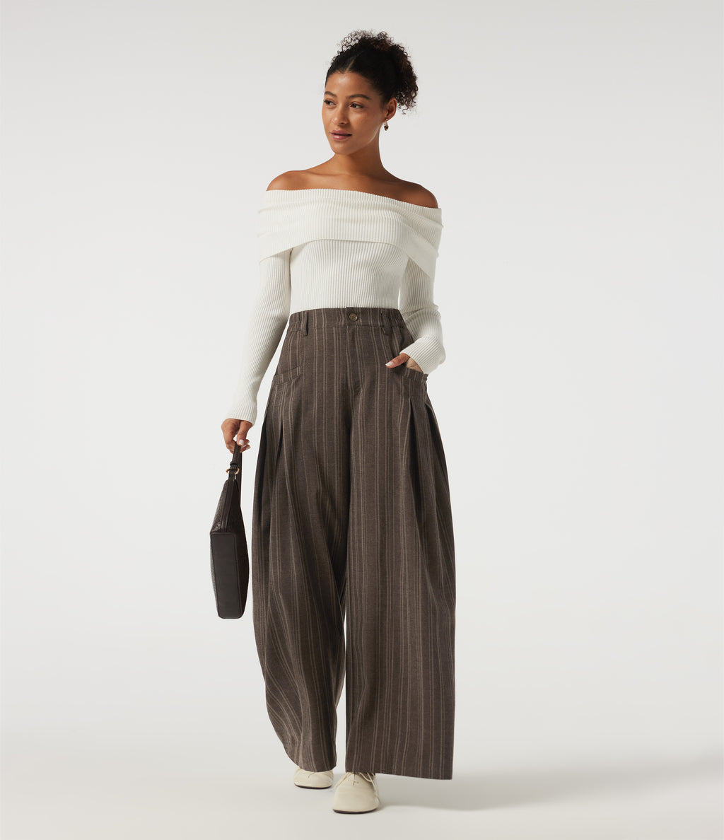 High Waisted Straight Leg Stripe Work Trousers with Pockets — Willow Brown — view 7