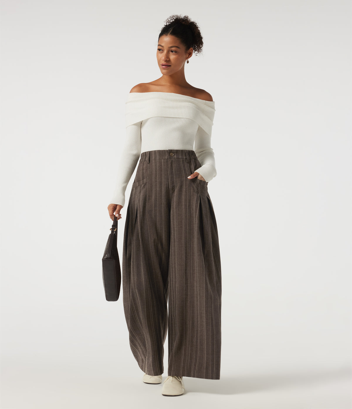 High Waisted Straight Leg Stripe Work Trousers with Pockets — Willow Brown — view 7