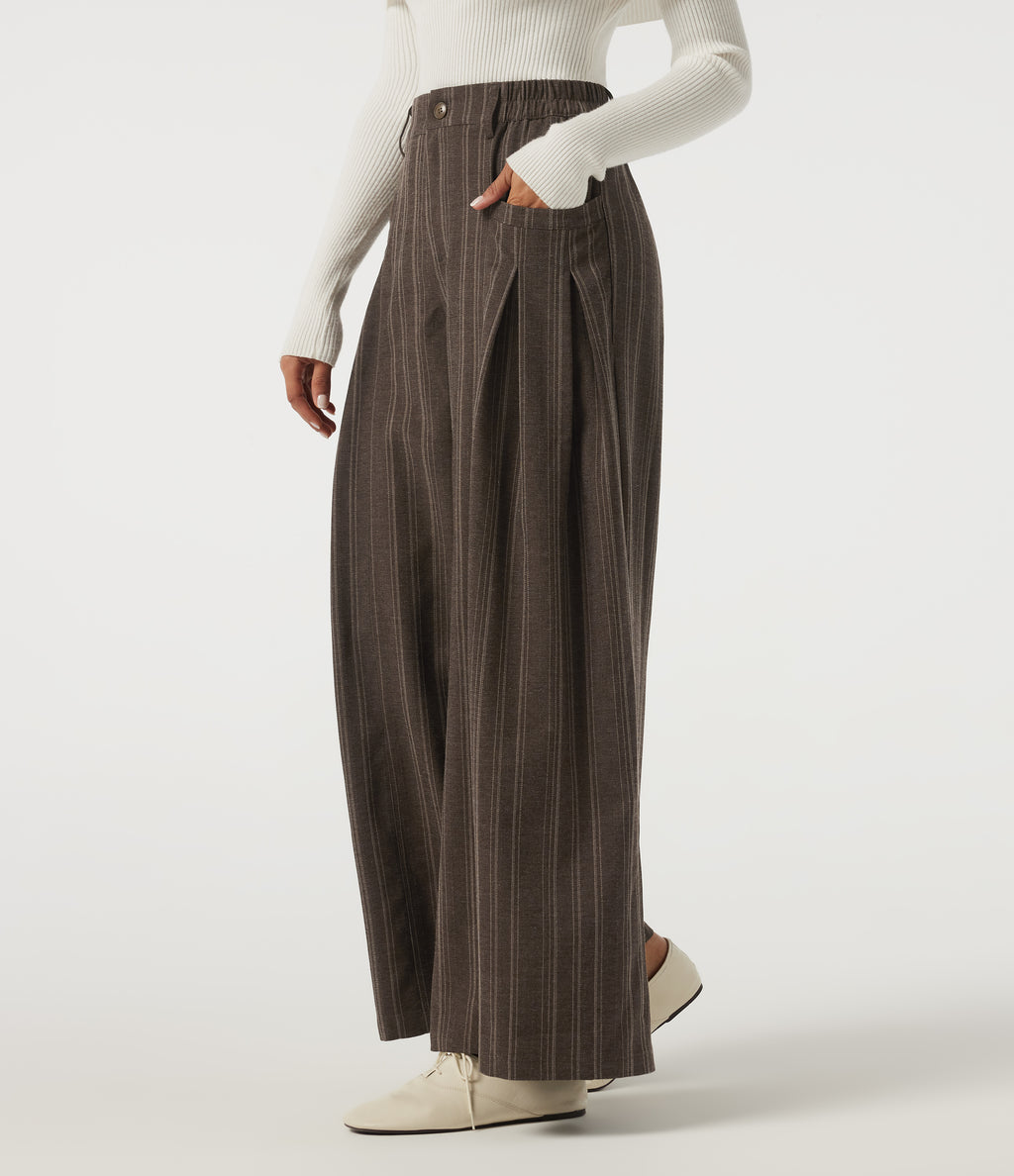 High Waisted Straight Leg Stripe Work Trousers with Pockets — Willow Brown — view 3