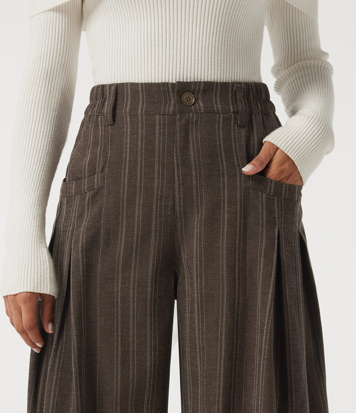High Waisted Straight Leg Stripe Work Trousers with Pockets — Willow Brown — view 4