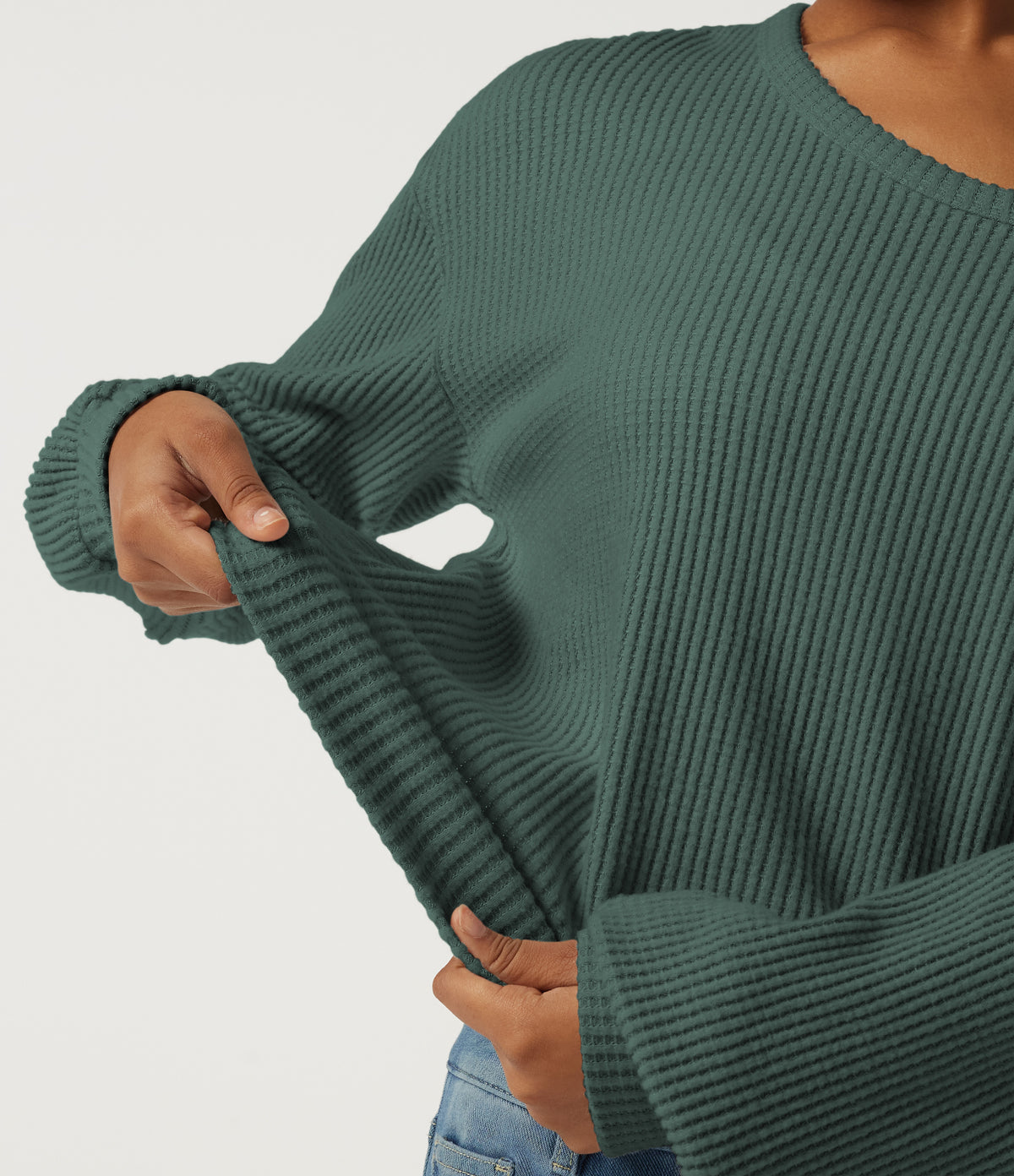 Scoop Neck Long Sleeve Waffle Work Sweatshirt — Green Frost — view 6