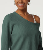 Scoop Neck Long Sleeve Waffle Work Sweatshirt — Green Frost — view 5